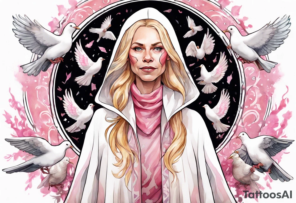 a 45-year-old Norse woman with blonde  hair wearing a white and pink cloak surrounded by doves tattoo idea