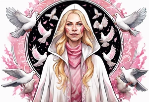 a 45-year-old Norse woman with blonde  hair wearing a white and pink cloak surrounded by doves tattoo idea