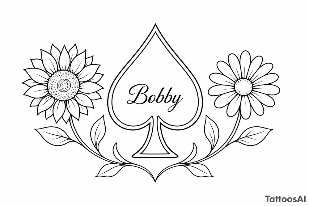 Bobby middle center inside the middle of the spade with a sunflower and a daisy on each side of the spade very super extremely traceable to trace onto notebook paper, very super extremely easy and simple traceable tracing black and white outlining outline coloring pages very super extremely traceable to trace onto notebook paper tattoo idea