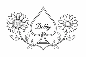 Bobby middle center inside the middle of the spade with a sunflower and a daisy on each side of the spade very super extremely traceable to trace onto notebook paper, very super extremely easy and simple traceable tracing black and white outlining outline coloring pages very super extremely traceable to trace onto notebook paper tattoo idea