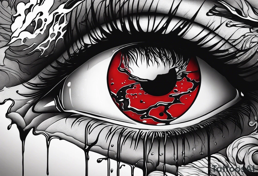 A realistic human eye crying tears of blood with a reflection of two black shadows or people holding guns at two wounded people on the floor tattoo idea