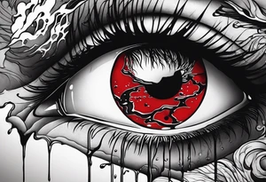 A realistic human eye crying tears of blood with a reflection of two black shadows or people holding guns at two wounded people on the floor tattoo idea