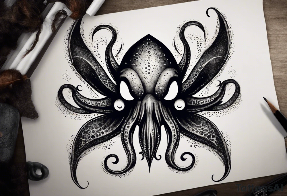 The equivalent of a horror and bizarre squid avatar. twisting and intersecting lines, making it look very wild and chaotic. The eyes of the squid are particularly prominent, one of them is white and the other is black, the overall expression is crazy and intense, with some distressed or damaged texture effects.

Able to change the color of the body and hide in the black sea tattoo idea