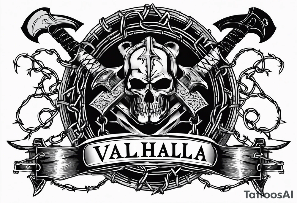 Valhalla sword shield axe barbed wire chains dark cloud tattoo idea