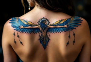 A winged Isis in royal blue and gold, with arms stretched gracefully across the upper back, symbolizing motherhood and protection. tattoo idea