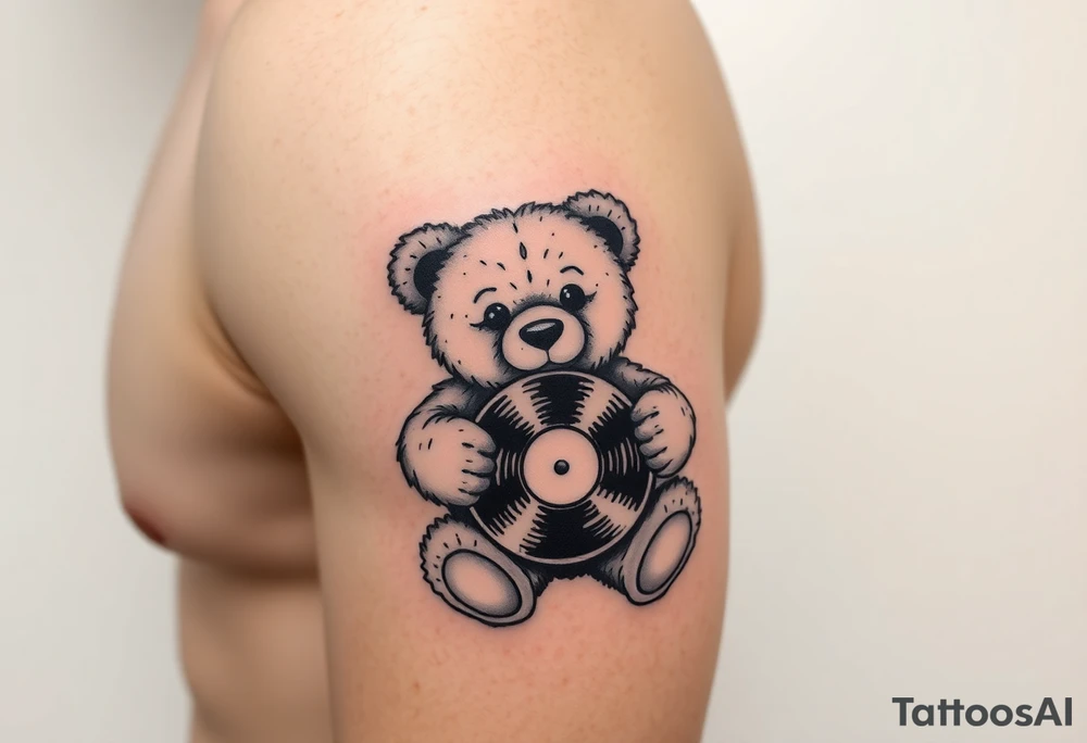 teddy bear holding a vinyl record tattoo idea