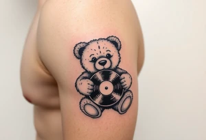 teddy bear holding a vinyl record tattoo idea