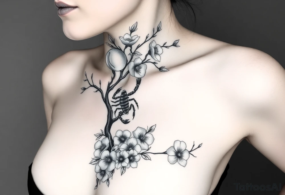 Body of a woman forming a blossoming peach tree with a Scorpio on a branch and morning glories & cosmo flowers underneath tattoo idea