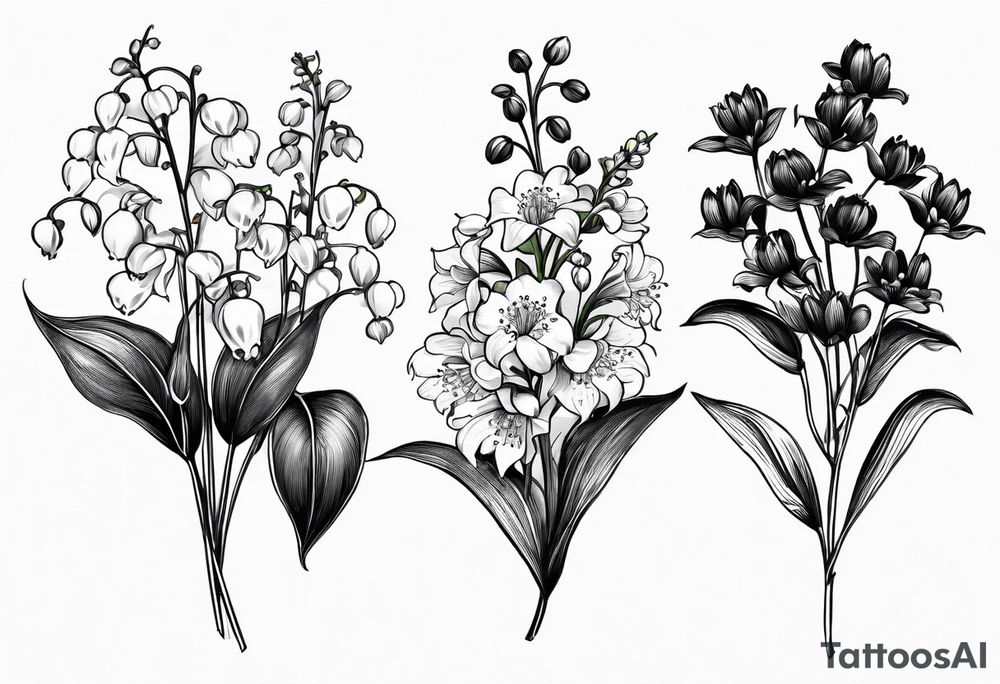 Small bunch. 1 Lily of the valley. 1 Marigold, 1 chrysanthemum, and 1 Lily combined together vertically with small leaves and vines tattoo idea
