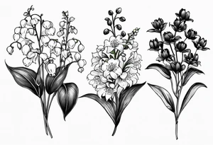 Small bunch. 1 Lily of the valley. 1 Marigold, 1 chrysanthemum, and 1 Lily combined together vertically with small leaves and vines tattoo idea