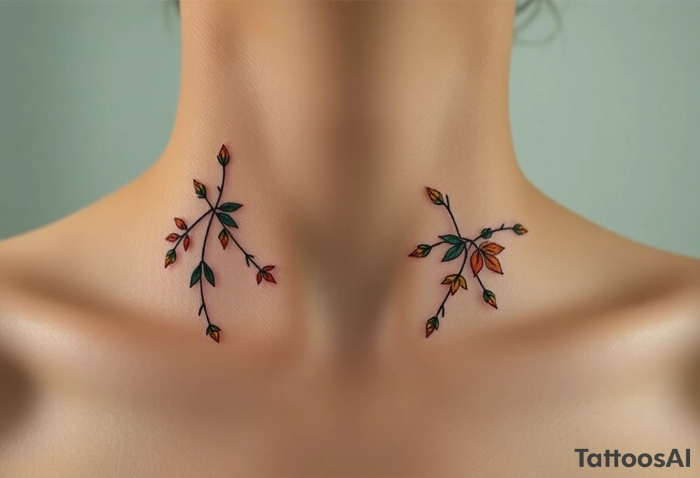 Two separate collarbone tattoos of long, stems and branches covered with red, orange, yellow and dark forest green leaves and flowers, fall themed, muted, delicate and gentle but moody, long and thin, following the collarbone. tattoo idea