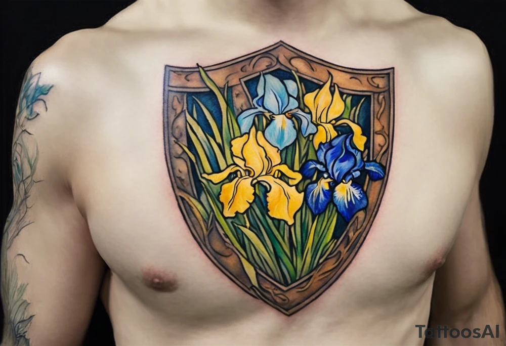 Create a colorful Vincent van Gogh Irises tattoo with a shield and spear. The tattoo should take the form of a crescent, with vines gracefully intertwining at a central point in the middle of the wreath.  The intended placement is on the upper chest. The overall design should be small in size while maintaining a delicate and artistic aesthetic. Pay attention to the graceful flow of the vines and the placement of the irises to achieve a refined and elegant look. tattoo idea