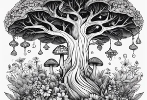 feminine psilocybin molecule made out of a tree and flowers tattoo idea