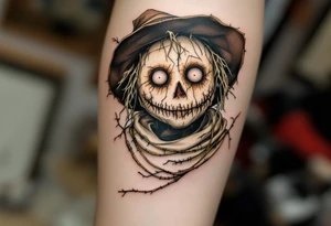 Tim Burton’s eyeless scarecrow sways under a pale gray sky, stitched in burlap brown and bound in crooked wire. tattoo idea