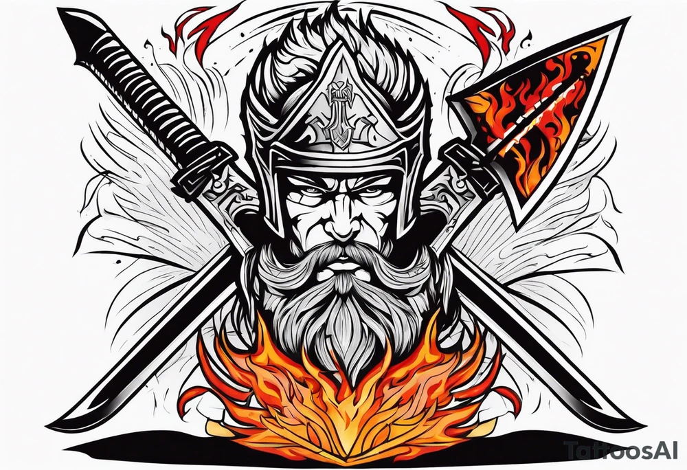 valhalla on fire sword shield axe warrior tattoo idea