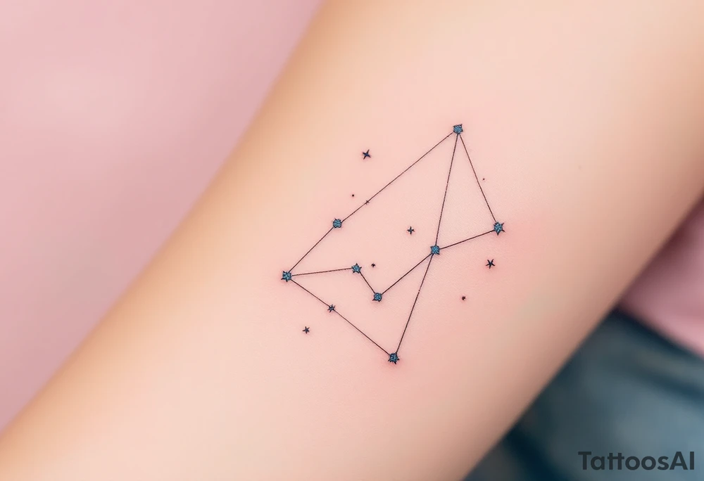 A soft pink sky background frames a hand-poked Cancer star constellation with a faint gray crab outline. tattoo idea