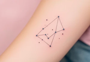 A soft pink sky background frames a hand-poked Cancer star constellation with a faint gray crab outline. tattoo idea