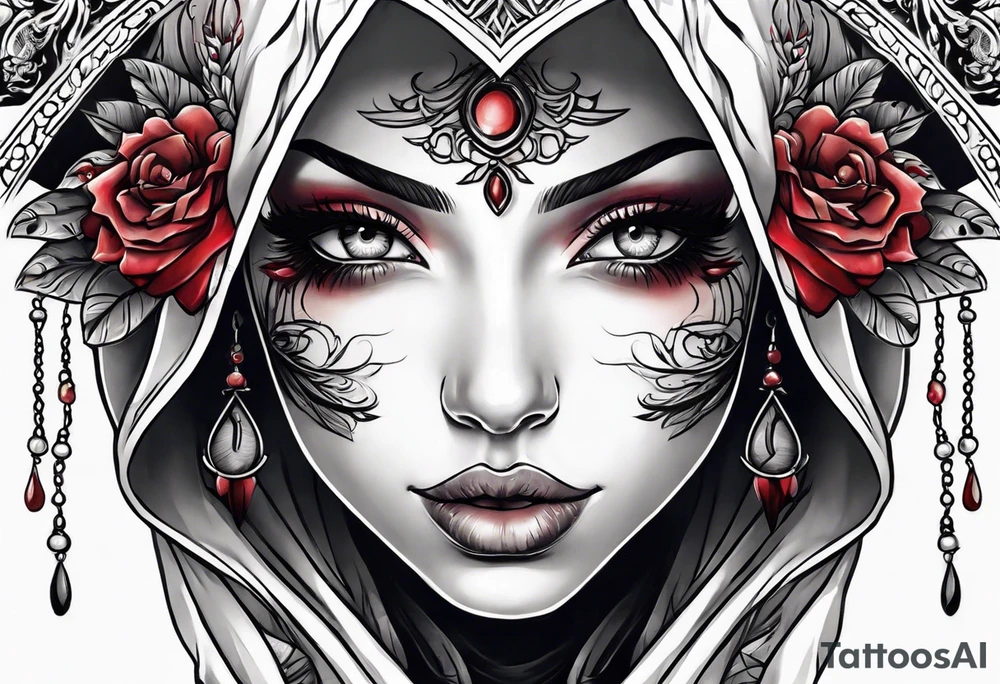 Neo traditional hooded woman tattoos under eyes blood scars hand with eye in palm tattoo idea