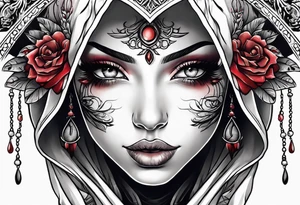 Neo traditional hooded woman tattoos under eyes blood scars hand with eye in palm tattoo idea