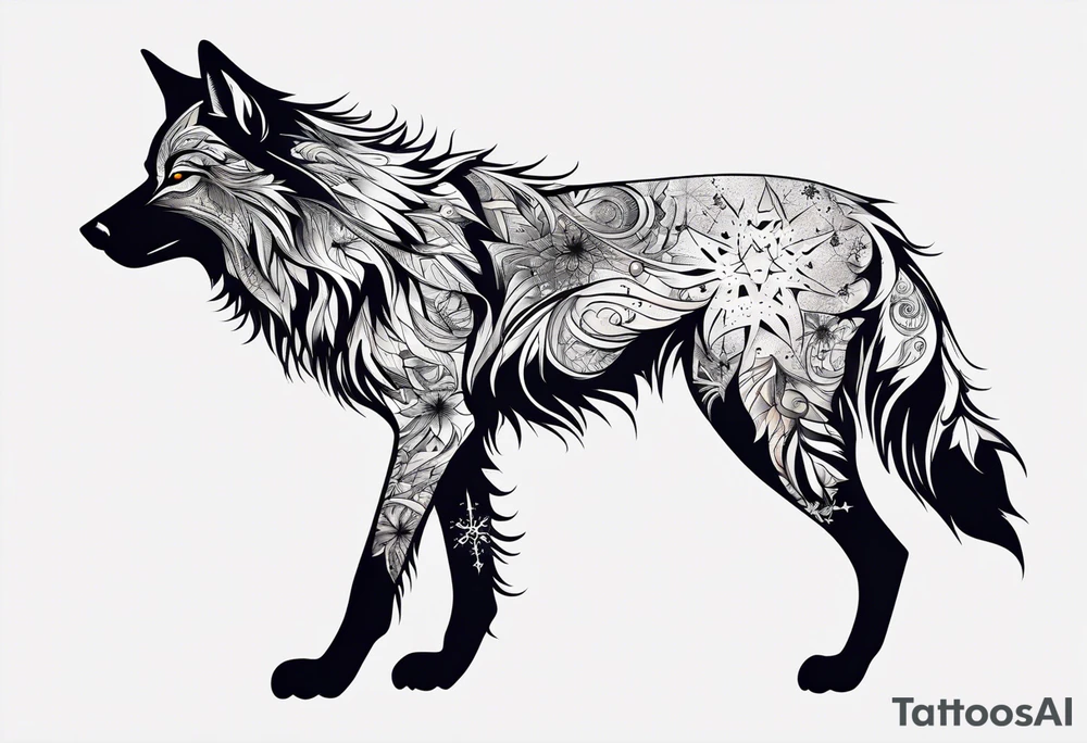 Constellation, animal alien wolf, snowflake tattoo idea