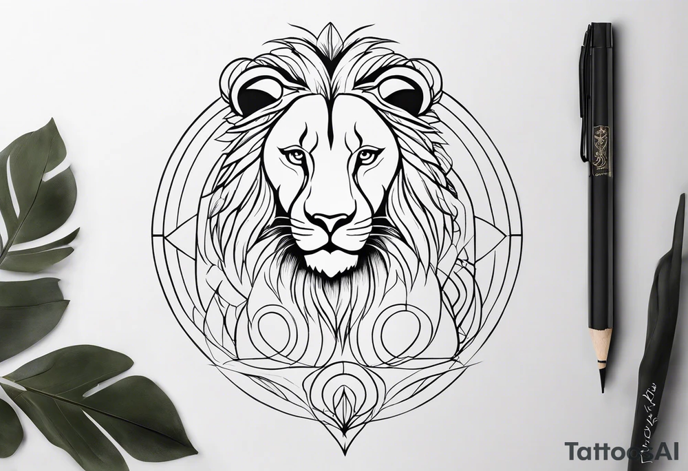 Minimalist black and white tattoo design for the calf featuring a lion, lioness, and lion cub. The lion faces upward towards the sky, looking in the opposite direction of the lioness. The lion cub is positioned below them, looking up. The design has a feminine touch with simple lines and elegant curves, focusing on the emotional connection between the three animals. tattoo idea