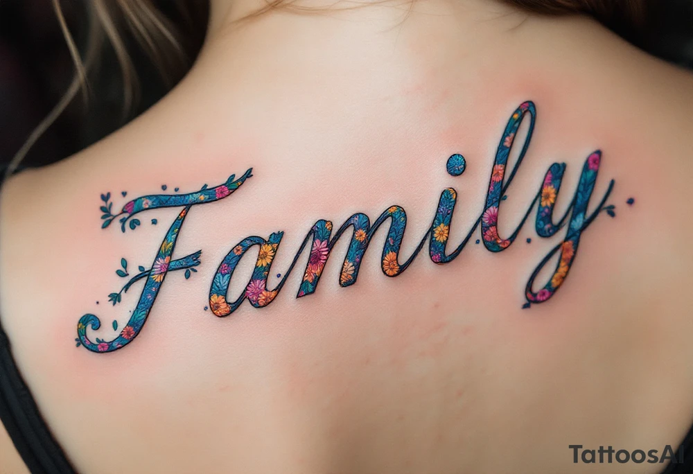 Family spelled out in cursive, with each letter blooming into a different flower in subtle pastel hues. tattoo idea