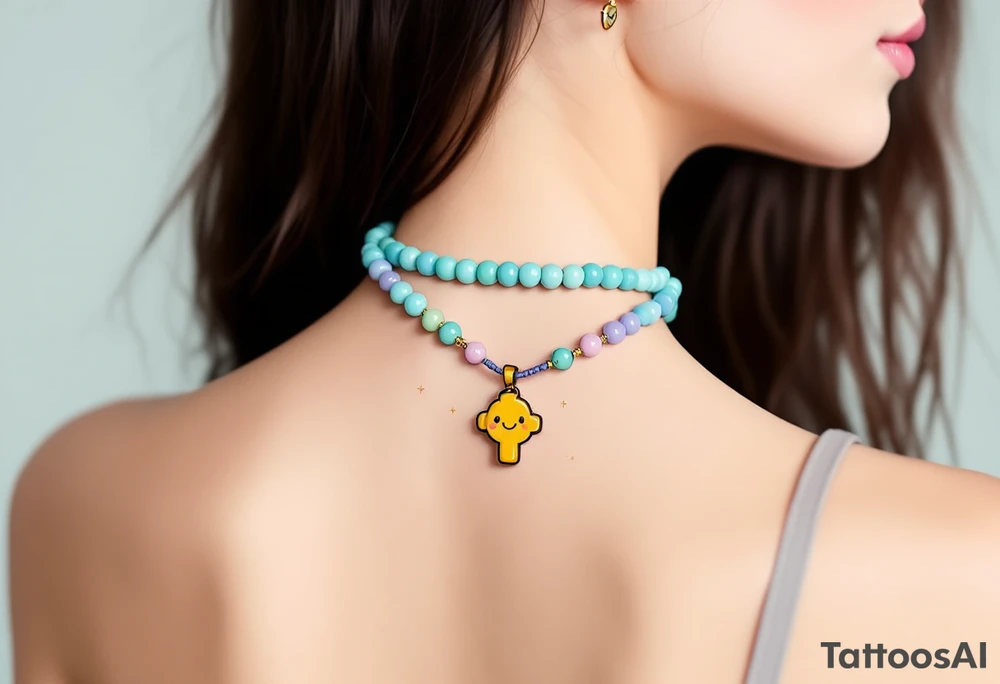 Cheerful cartoon‑style each glossy bead a bright pastel (alternating sky‑blue, mint‑green, and soft lavender), linked by smooth bubble‑gum‑pink cord; the small cross charm at the end is a rounded, chibi‑proportioned golden yellow with a friendly smiley face and tiny sparkles to accent the playful, lighthearted vibe—overall rendered with bold black outlines and subtle cell‑shading for a lively, animated look. tattoo idea