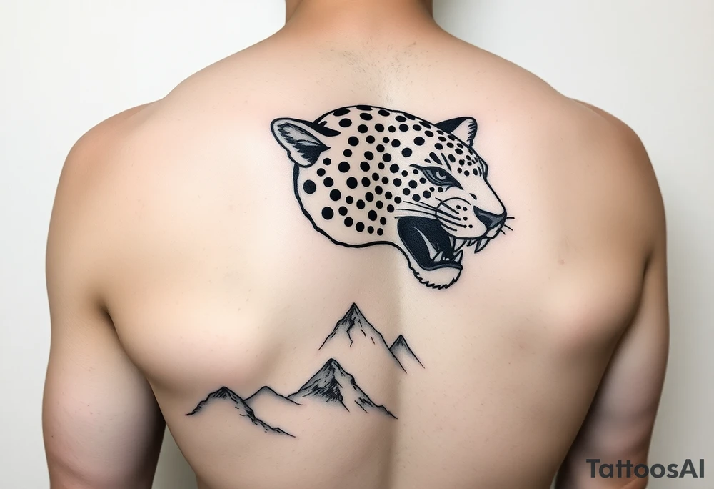 Jaguar face in the back of the arm close to elbow mountains at the bottom close to the wrist tattoo idea