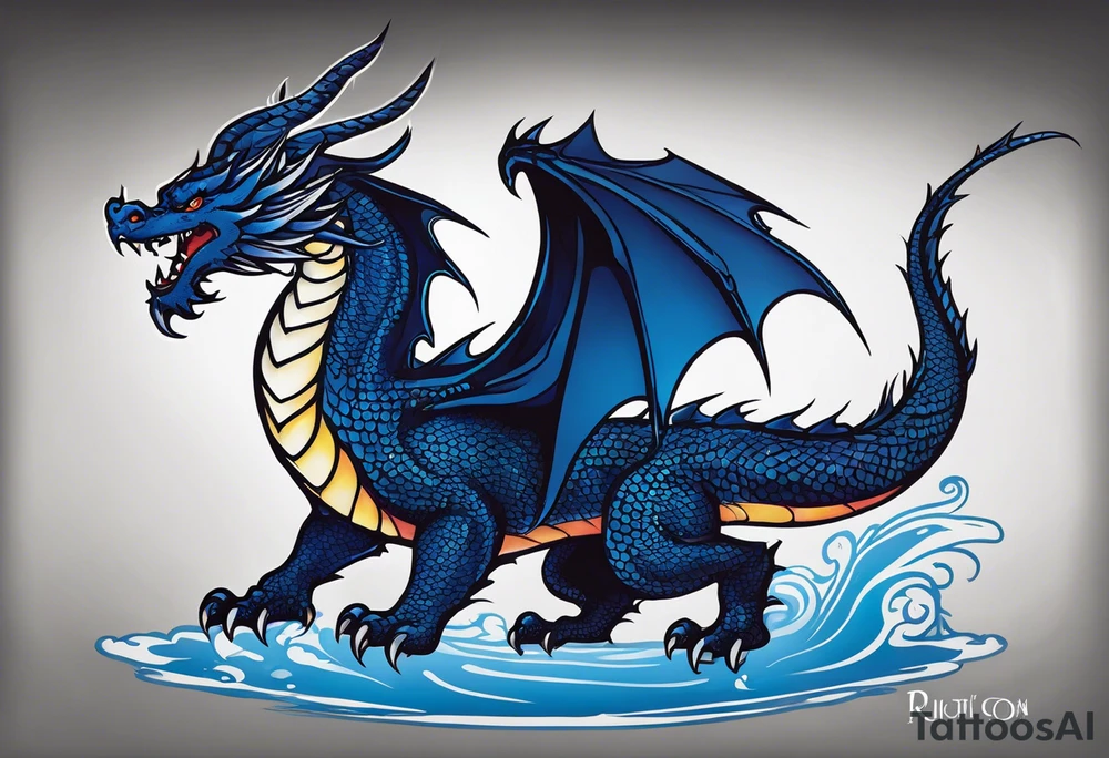 An epic with no wings, floating. Its long body coiling dynamically, with scales and horns detailed to create a sense of movement and strength. The dragon's main color is midnight blue, giving a vibrant depth and a mystical aura. This tattoo highlights the dragon’s fierce expression and sharp claws. tattoo idea