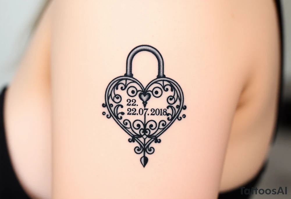 A realistic heart-shaped lock with an ornate key, decorated with filigree patterns, with wedding date 22. 07. 2018. tattoo idea
