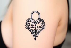 A realistic heart-shaped lock with an ornate key, decorated with filigree patterns, with wedding date 22. 07. 2018. tattoo idea