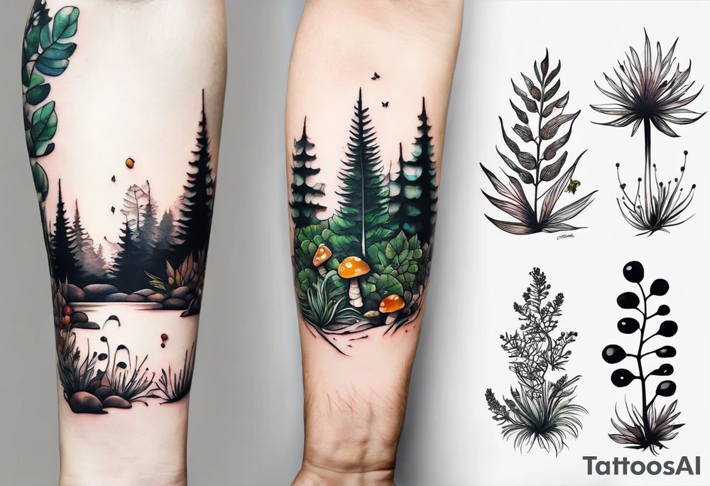 minimalistic forest floor inspired tattoo, which includes grass, moss, curly ferns and dead leaves as the bulk of the tattoo. details to include: forest berries, couple of very small brown mushrooms, a tiny bumblebee flying nearby tattoo idea