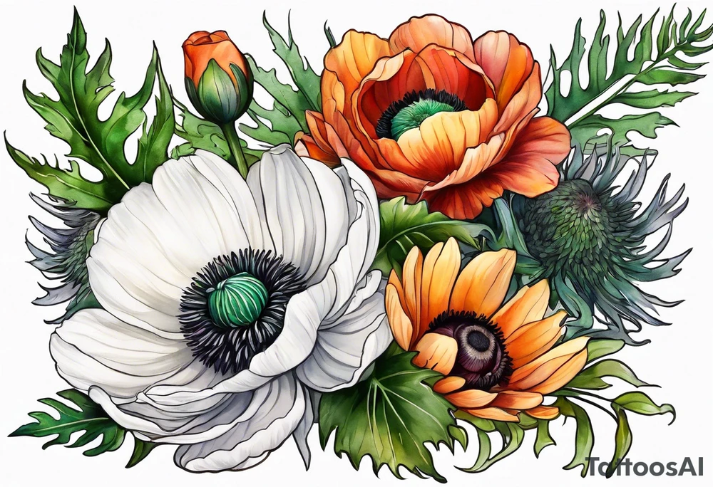 a white anemone with black center with thistles, green ferns, ranuculus, sun flowers, red flowers, ping flowers, orange flowers, yellow flowers all in watercolor tattoo idea