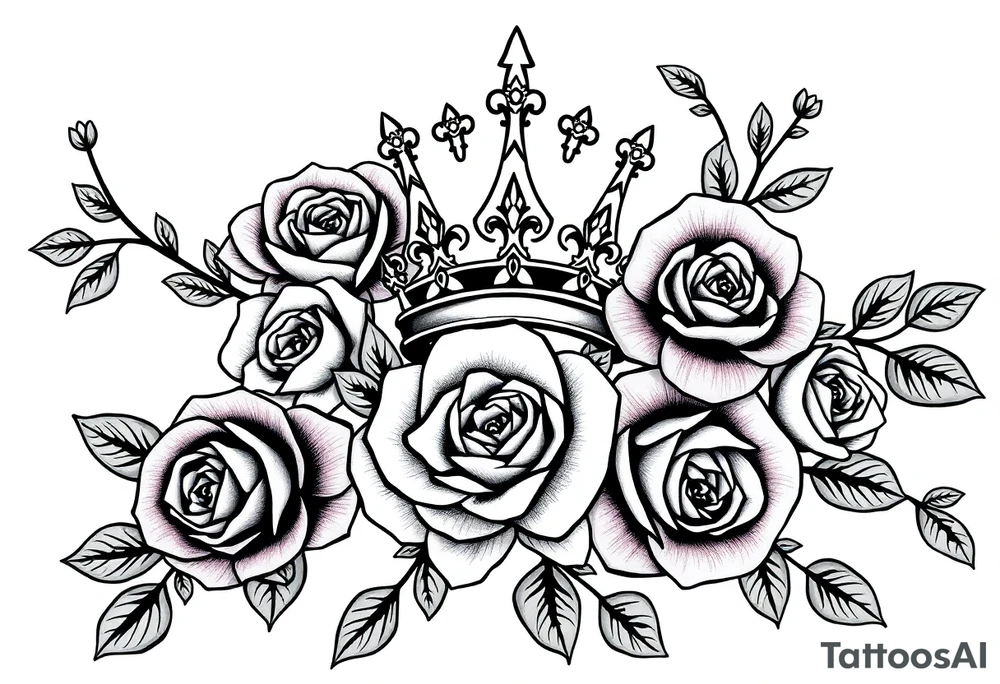 detailed beautiful gothic boho flowers and roses on vine with gorgeous crown ornamental tattoo idea
