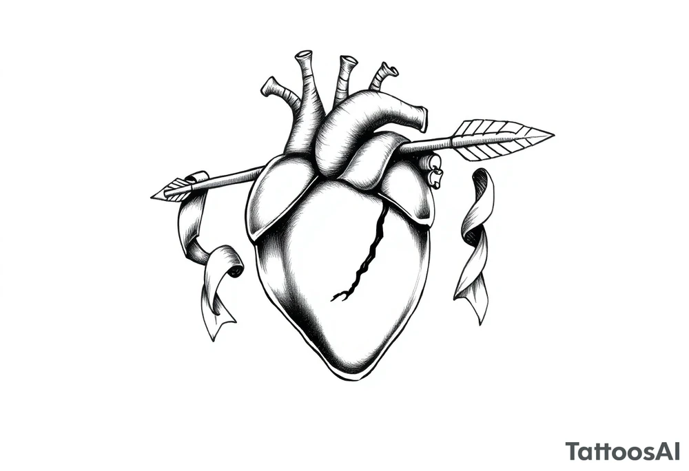 anatomical heart pierced by ornate arrow with flowing ribbons tattoo idea