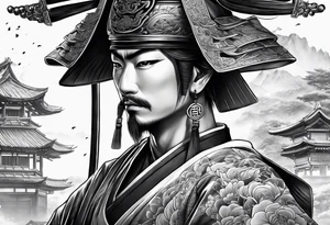 samurai and chinese temple tattoo idea