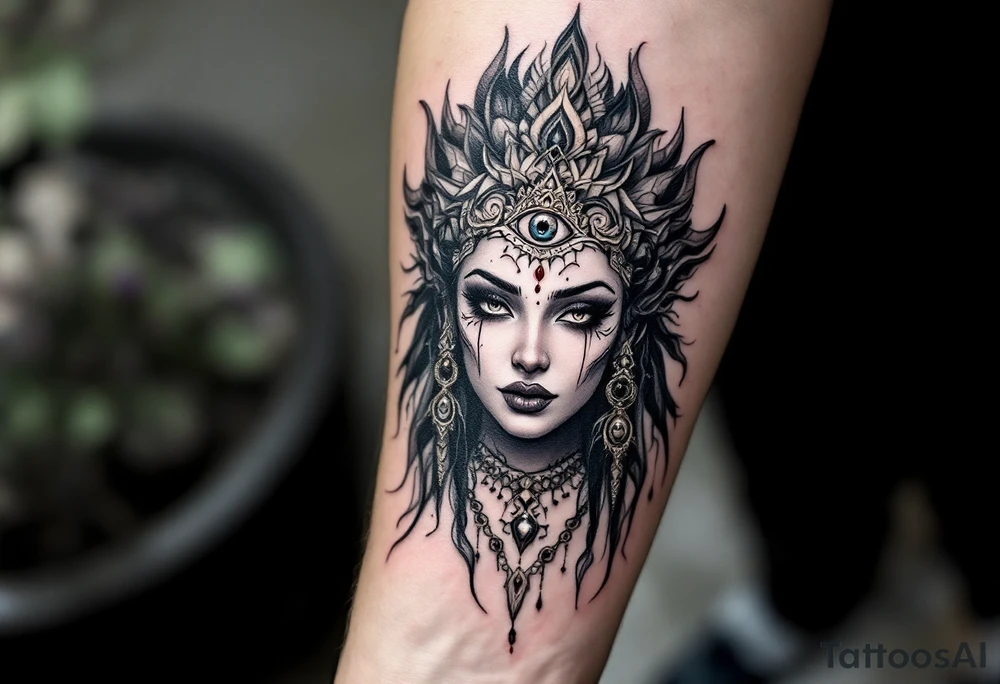 beautiful woman dmt deity with 3rd eye open tattoo idea