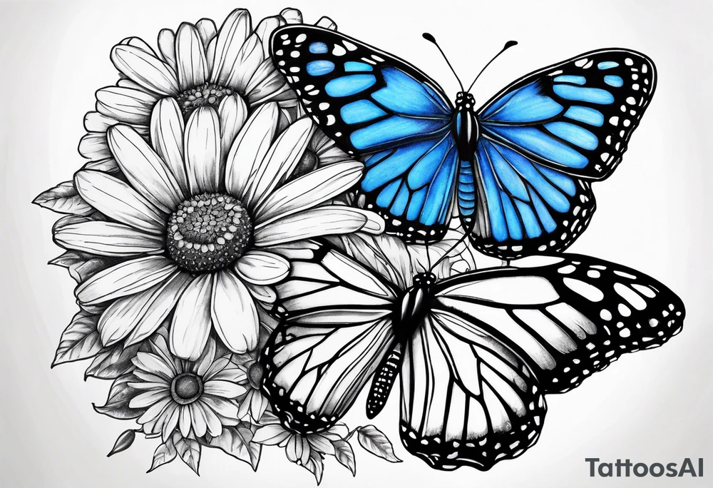 Blue monarch butterflies and daisies tattoo idea