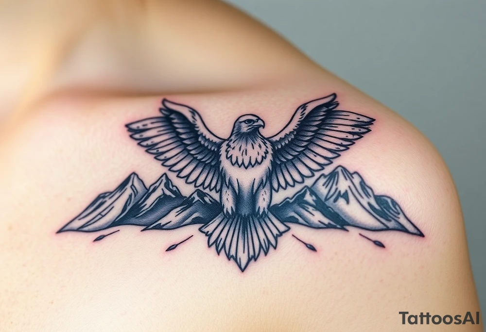 majestic eagle spreading wings against mountain peaks tattoo idea
