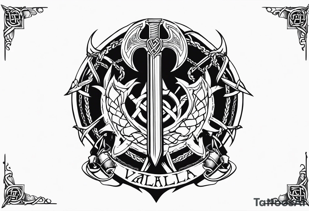 Valhalla sword shield dragon axe Valknut barbed wire chains fire tattoo idea Valhalla sword shield dragon axe Valknut barbed wire chains fire tattoo idea
