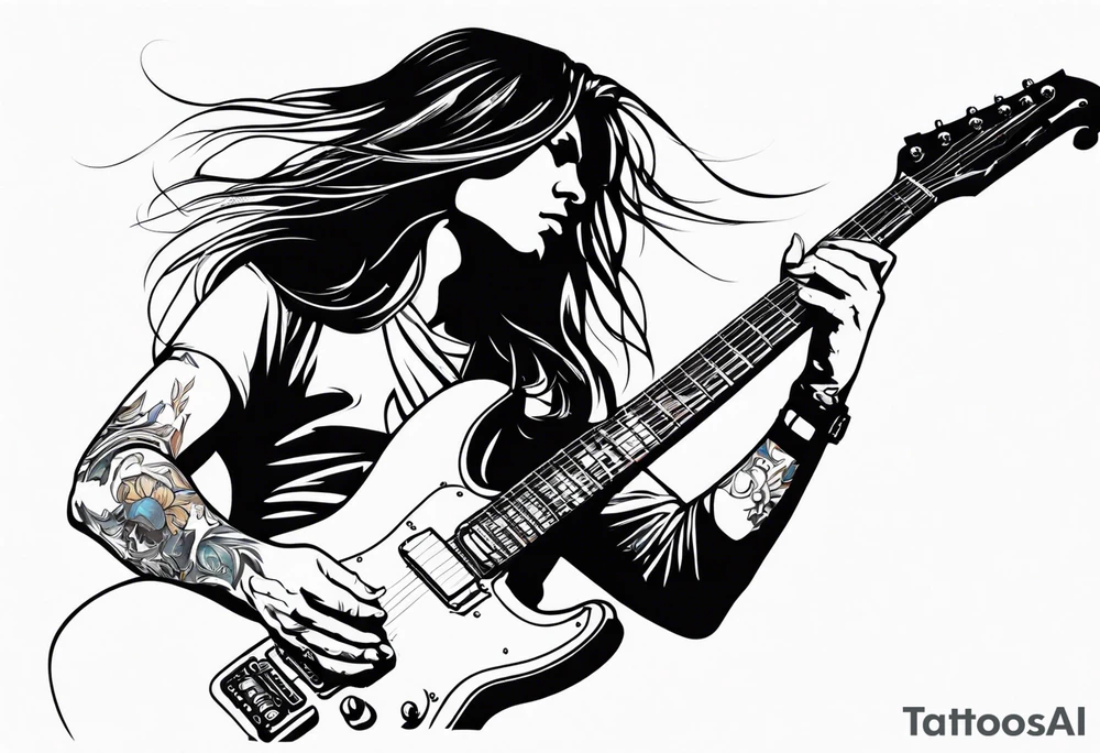 long hair rock star playing electric guitar tattoo idea