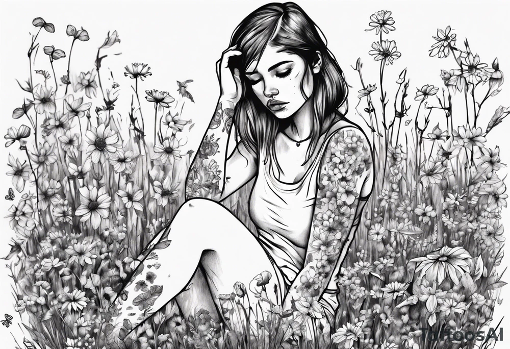 Depressed girl in flowers meadow tattoo idea
