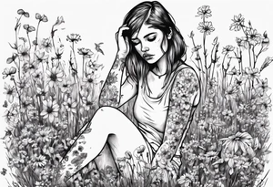 Depressed girl in flowers meadow tattoo idea