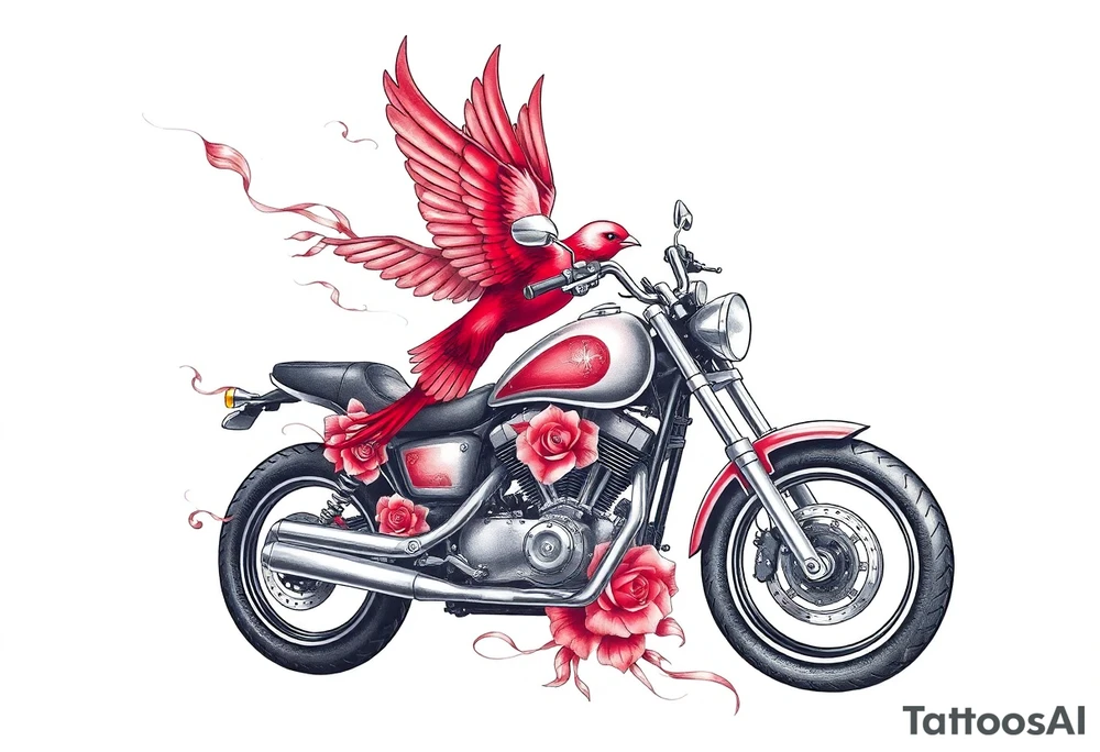 Motorcycle, red bird flying, roses and lace, flames tattoo idea
