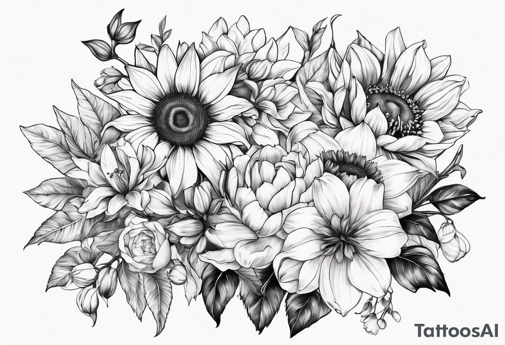 sunflower, lily, peony, cherry blossom and tulip tattoo idea