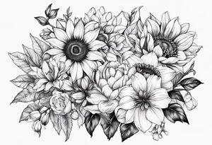 sunflower, lily, peony, cherry blossom and tulip tattoo idea