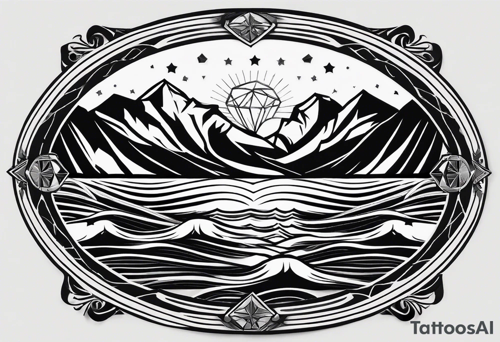 Übersetzter Text
tattoo fineline style, black, no fill, säntis mountain massif, water wave, a large semi-circle with two small colored stars frames the mountain peak, an open diamond as a geometric shape with dashed lines surrounds everything with the water overhanging the diamond, tattoo idea