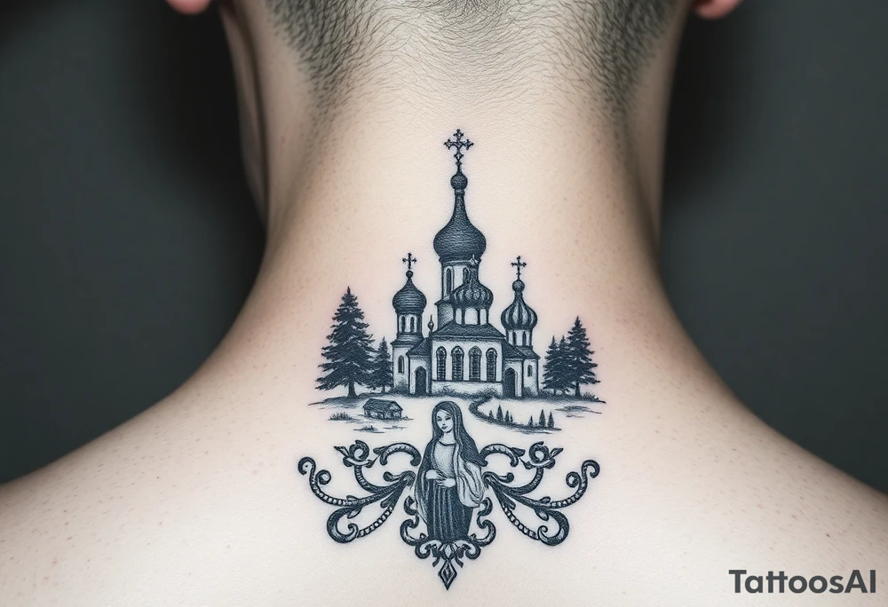 Traditional authentic Russian coat of arms with a Christian orthodox virgin marry in the middle and silhouette in a Russian wilderness Christian orthodoxy dome church village setting tattoo idea