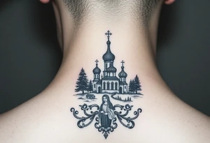 Traditional authentic Russian coat of arms with a Christian orthodox virgin marry in the middle and silhouette in a Russian wilderness Christian orthodoxy dome church village setting tattoo idea