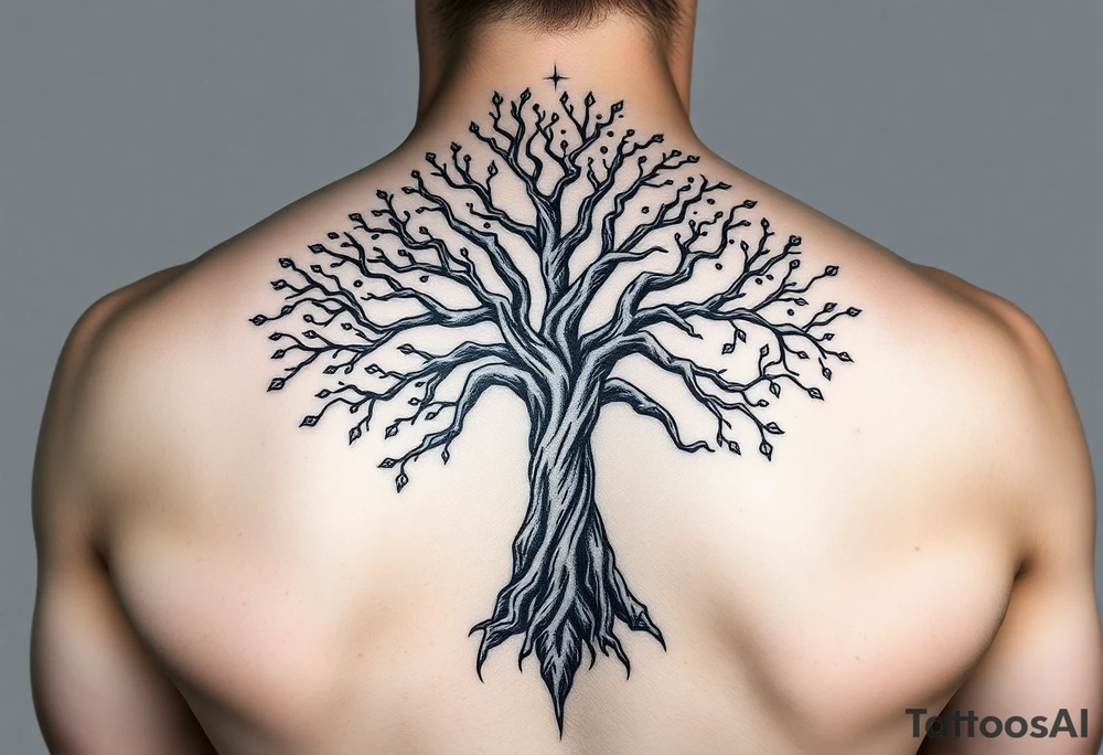 mystical tree of life with cosmic roots and celestial branches tattoo idea